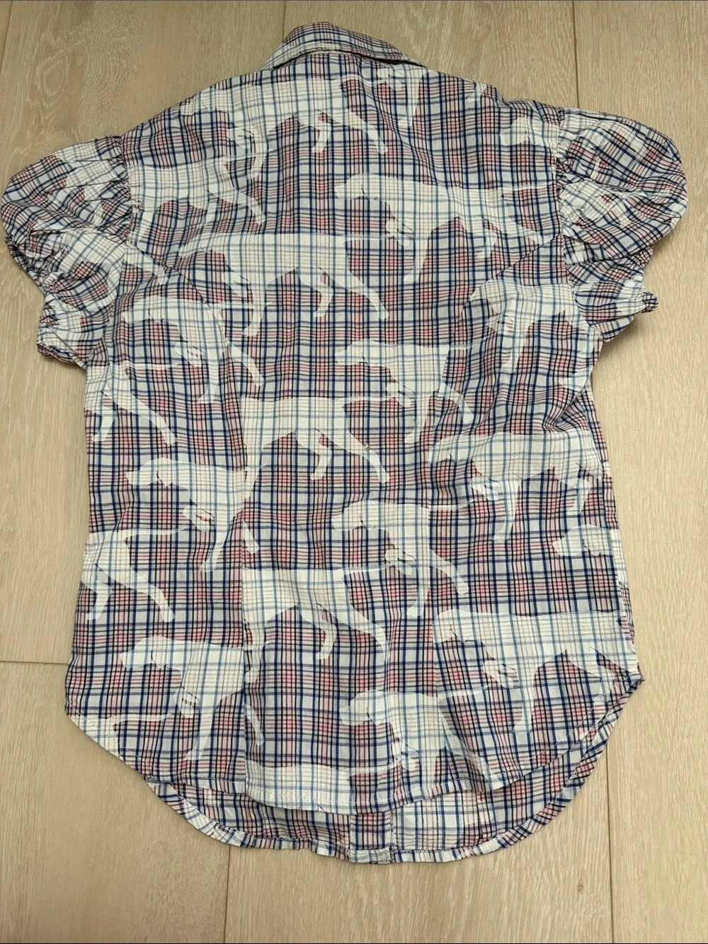 Maeve White Plaid Dog Puff-Sleeve Button Front Blouse